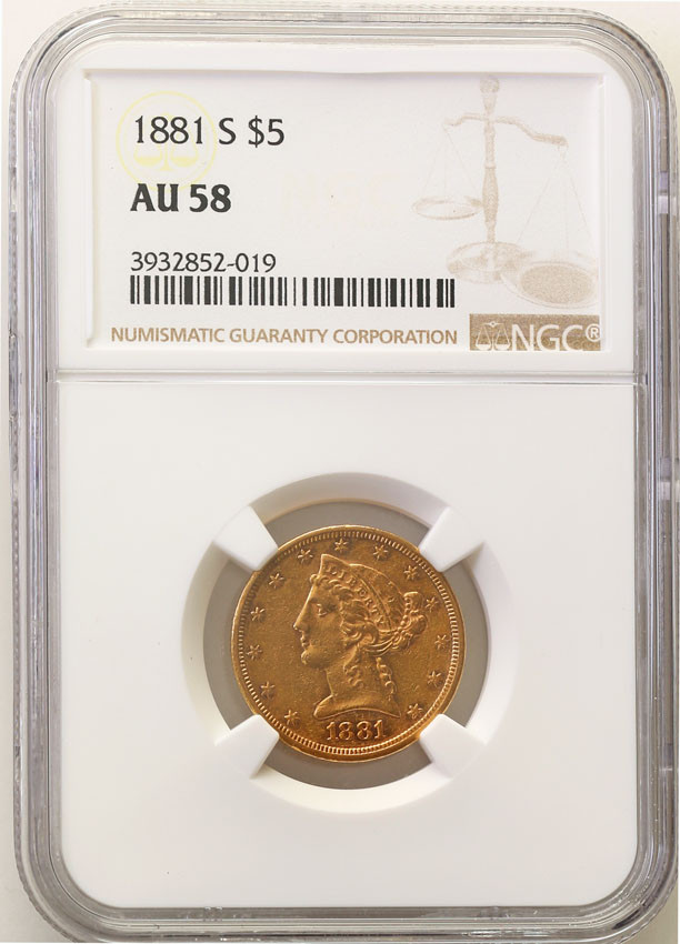 USA. 5 dolarów 1881 S, San Francisco NGC AU58